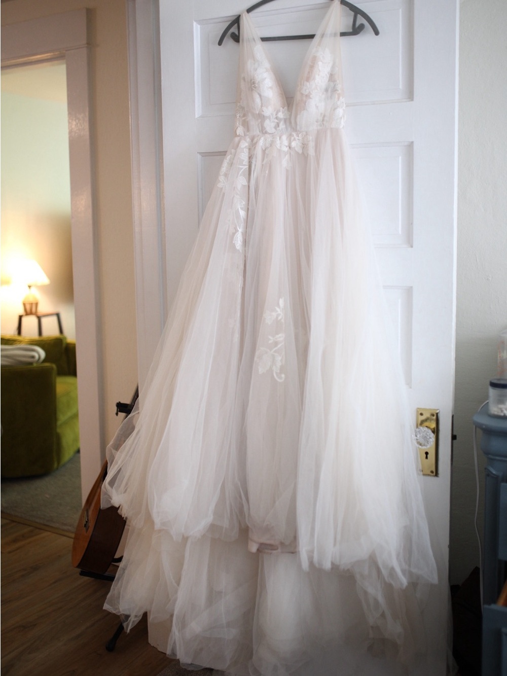 BHLDN Willowby Hearst Gown Plunge Neck Blush/Cream Tulle with Floral Embroidery
